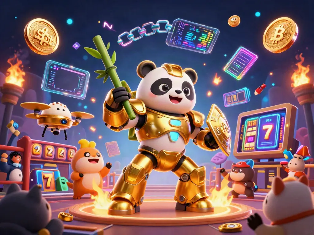 Experience thrilling spins on the slot with this dynamic panda-themed mech arena illustration.