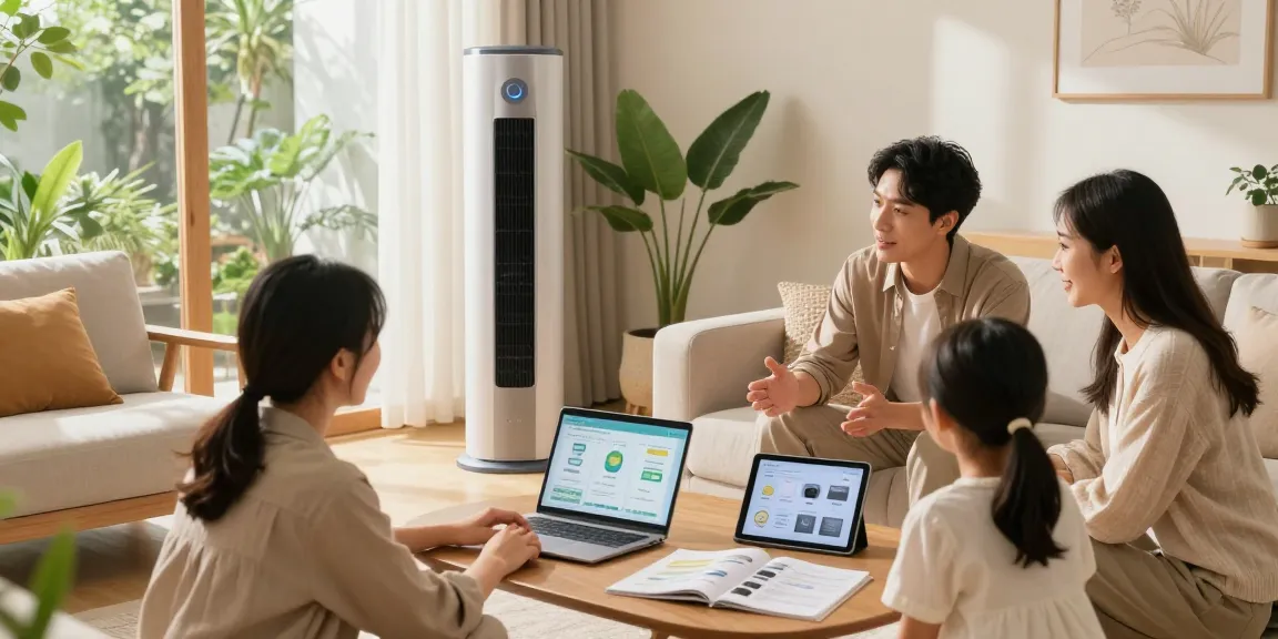 Family discussing wärmepumpe kaufen in modern living room, showcasing energy-efficient model.
