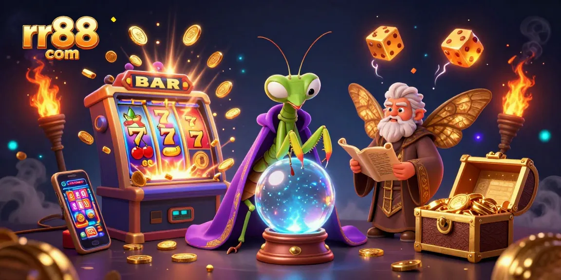 Play thrilling slots at rr88 com with a mesmerizing 3D illustration showcasing colorful jackpot symbols and vibrant casino action.