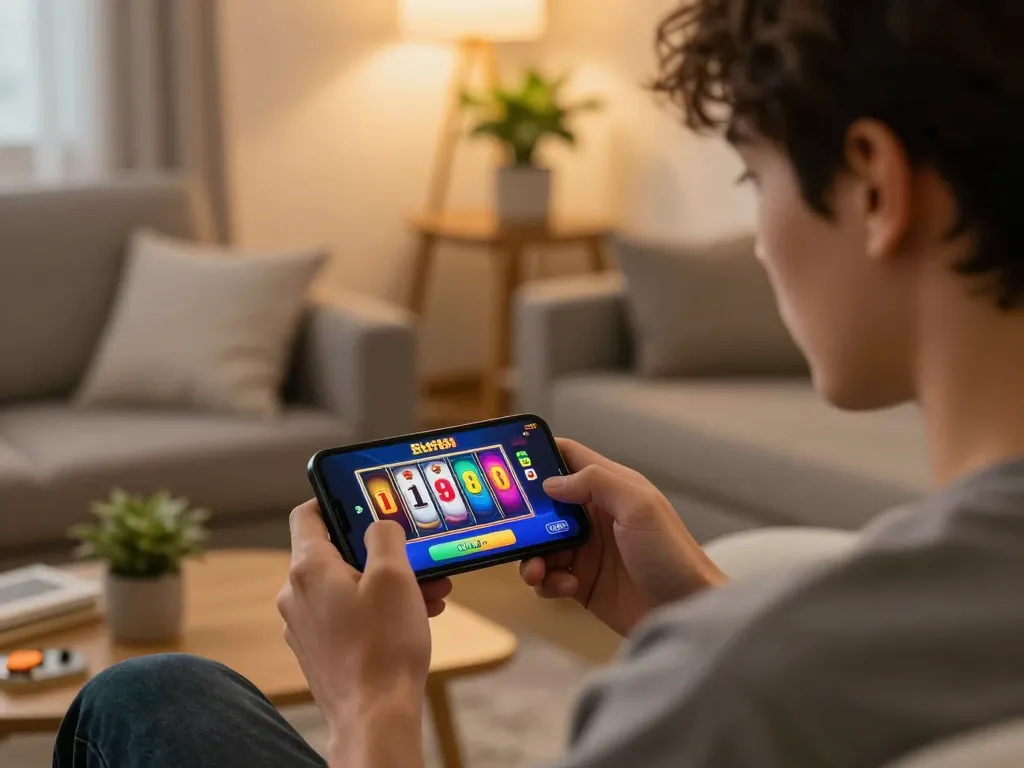 Engaging spin on slot88 resmi game showing a player strategizing in a cozy home.