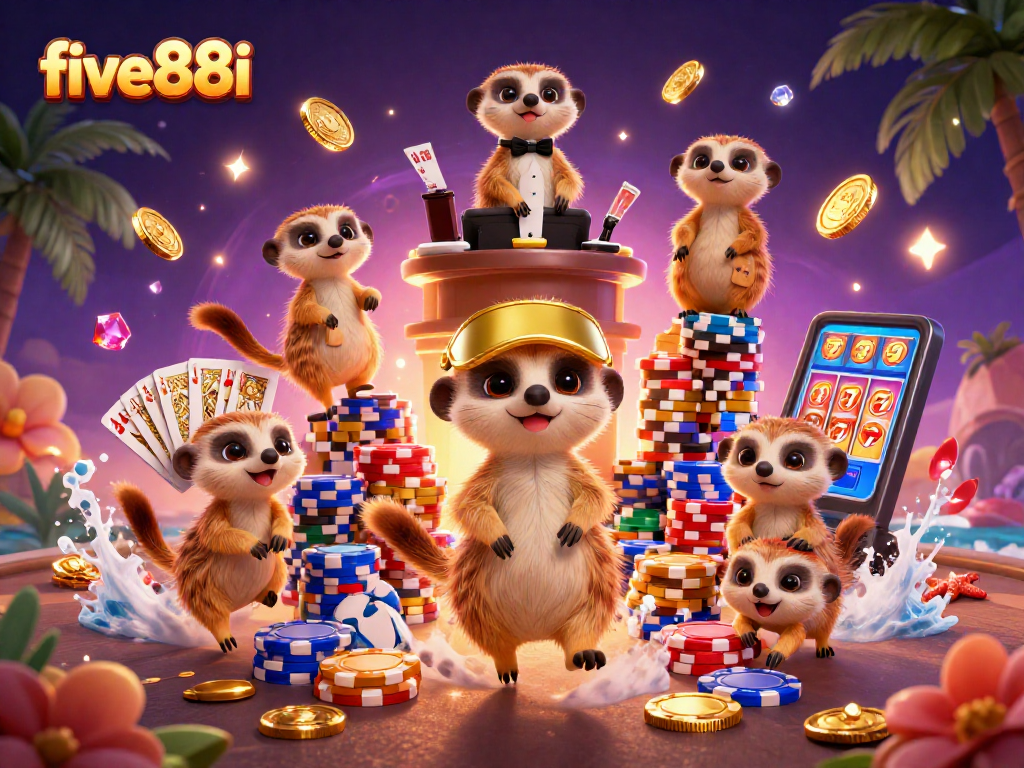 Experience the excitement of five88i with playful meerkats managing a lively casino scene.