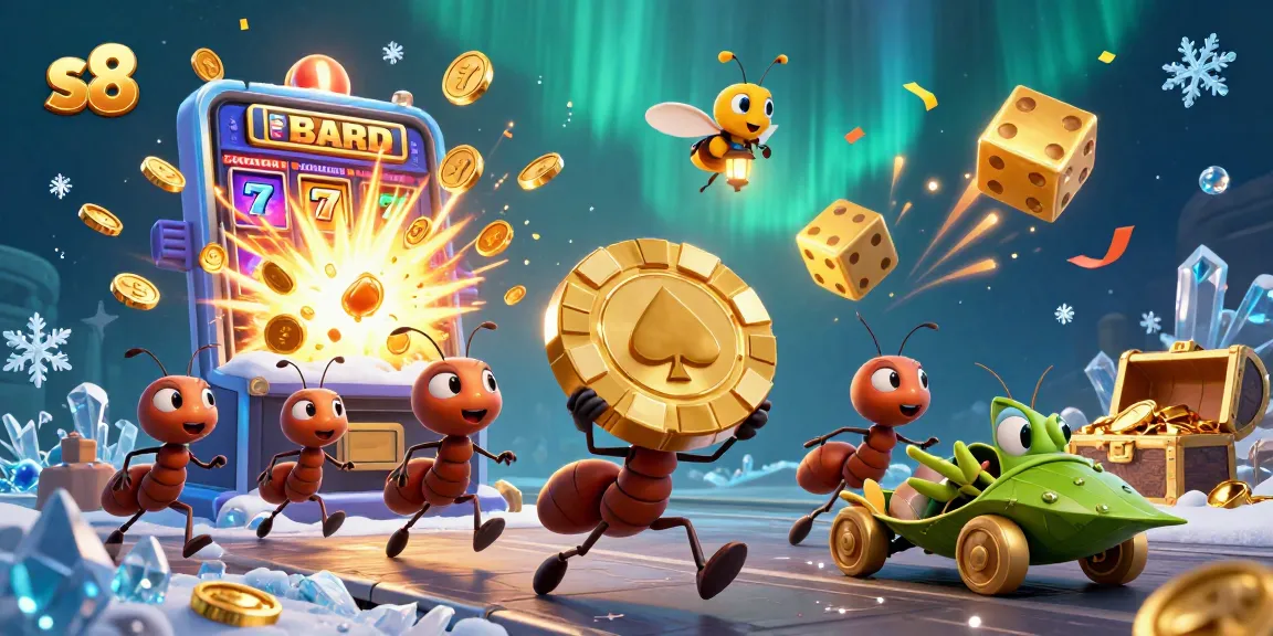 Experience the excitement at S8 with a rich illustration of ants orchestrating a casino heist amid jackpot symbols and vibrant colors.