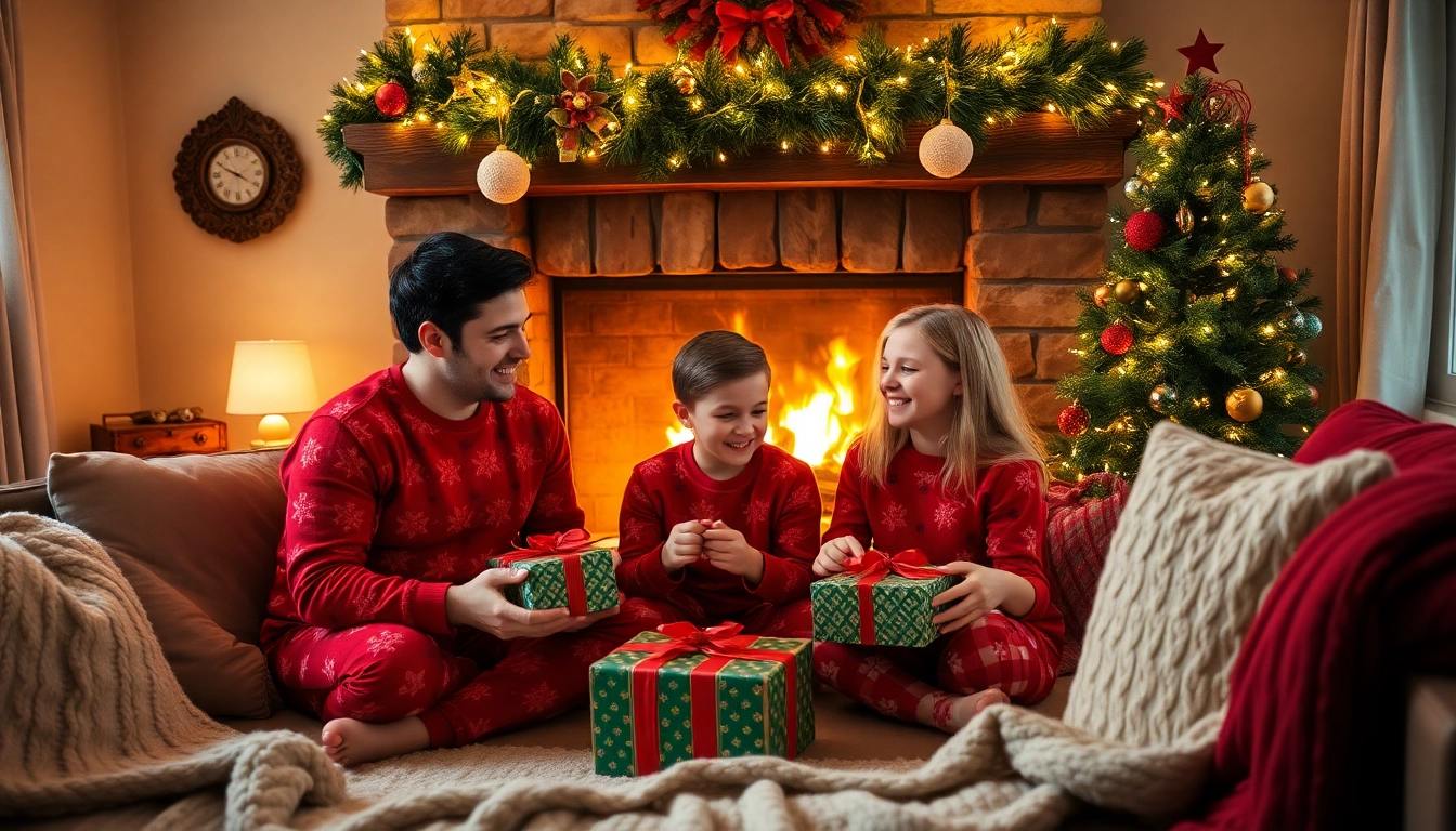 Enjoy a cozy christmas photoshoot with a family unwrapping gifts in their festive living room.
