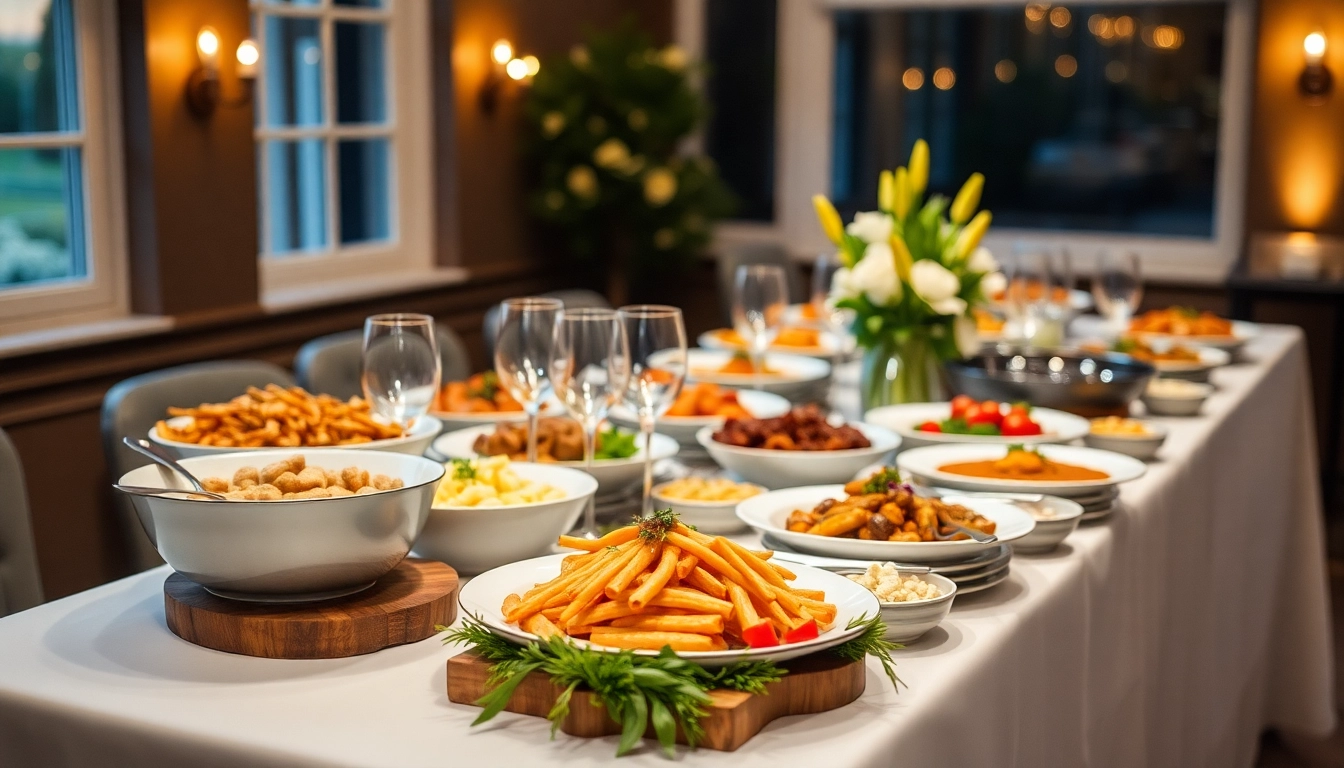 Catering-Assistent richtet delikate Speisen auf einem festlich gedeckten Tisch für eine Veranstaltung an.