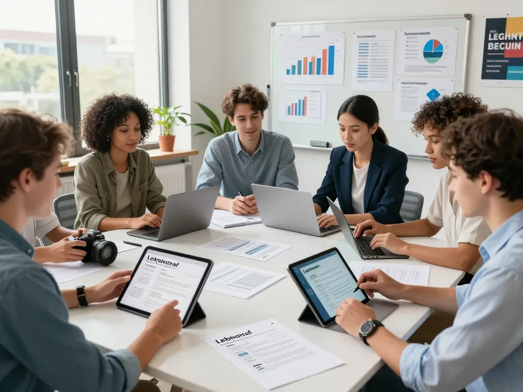 Jobsuchende, die in einem hellen modernen Arbeitsbereich an Lebenslauf-Vorlagen zusammenarbeiten, präsentieren strategische CV-Designs.