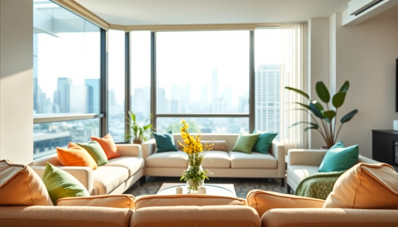 Wohnung kaufen in einem modernen, einladenden Wohnzimmer mit großem Fenster und städtischem Ausblick.