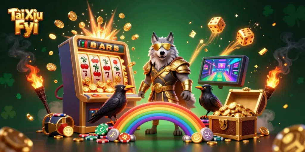Experience Tài Xỉu Fyi with an explosion of winnings from the slot machine and glowing characters.