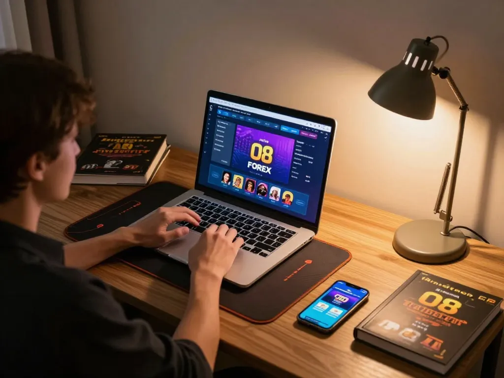 Engaged user playing O8 FOREX online casino game on a laptop in a cozy setting.