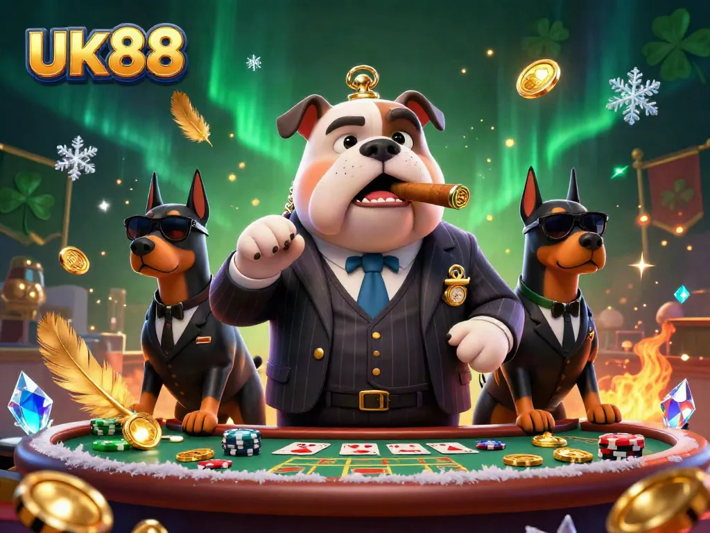 Win big with uk88 surrounded by a mafia bulldog and two Doberman bodyguards in a vibrant casino scene.