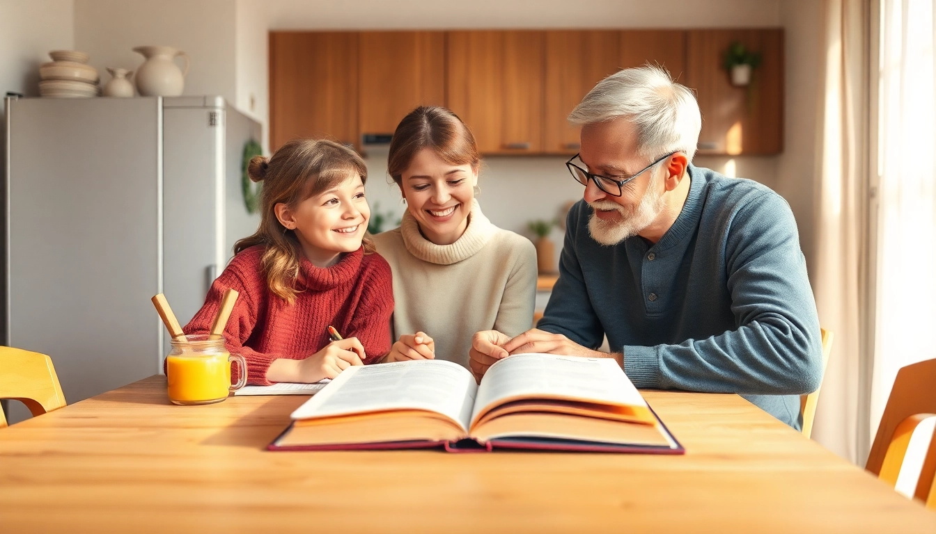 Familie, die gemeinsam am Küchentisch Heimunterricht durchführt und lernt.