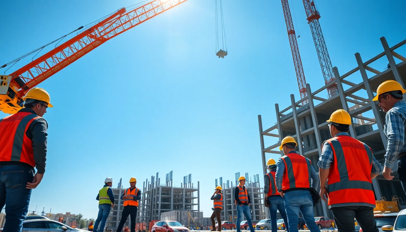 Construction site bustling with activity, showcasing workers and machinery in action.