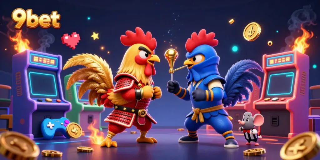 Engage with thrilling action at 9bet, showcasing colorful roosters in a dynamic casino-themed scene.