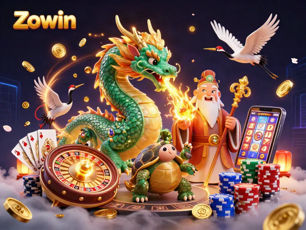 Experience thrilling wins at Zowin with an emerald jade dragon amidst dynamic casino elements.