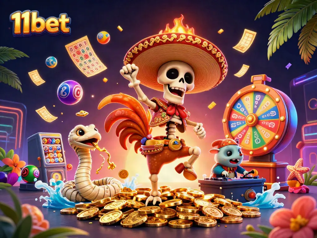 Win with 11bet in this vibrant casino scene featuring a festive rooster and dynamic game elements.