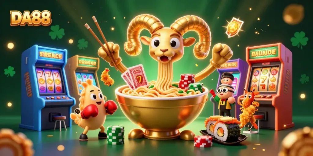 Engage in thrilling DA88 casino action with vibrant characters, slot reels, and golden accents.
