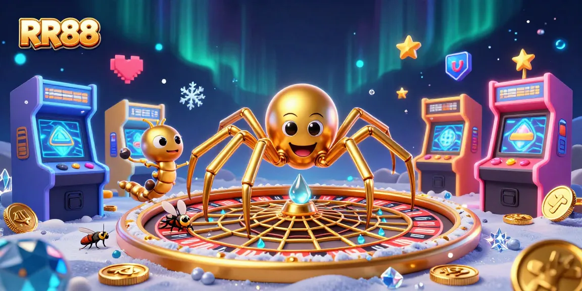 Betting at RR88 with a 3D cartoon golden spider and a centipede croupier in a vibrant casino scene.
