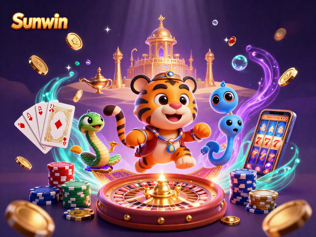 Experience thrilling gameplay with Sunwin's unique 3D casino-themed illustration featuring vibrant characters and dynamic elements.