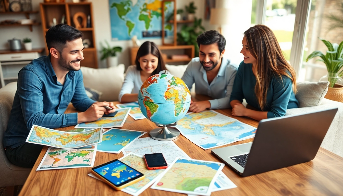 Urlaub Tipps für Familienurlaub: Familie plant gemeinsam Ihre nächste Reise am Tisch.