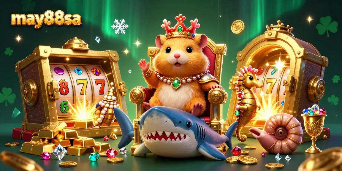 Engage with may88sa's casino adventure featuring a golden hamster king amidst treasures.