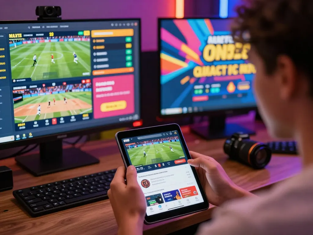 Exciting online gaming environment showcasing a user interacting with the trang chủ Onbet platform amid vibrant sports displays and promotions.