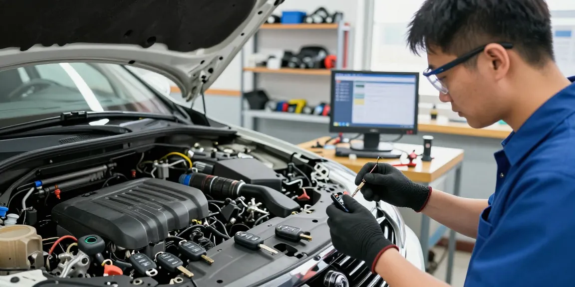 Techniker beim Autoschlüssel nachmachen in einer Werkstatt, umgeben von Fahrzeugteilen und Schlüsseln.