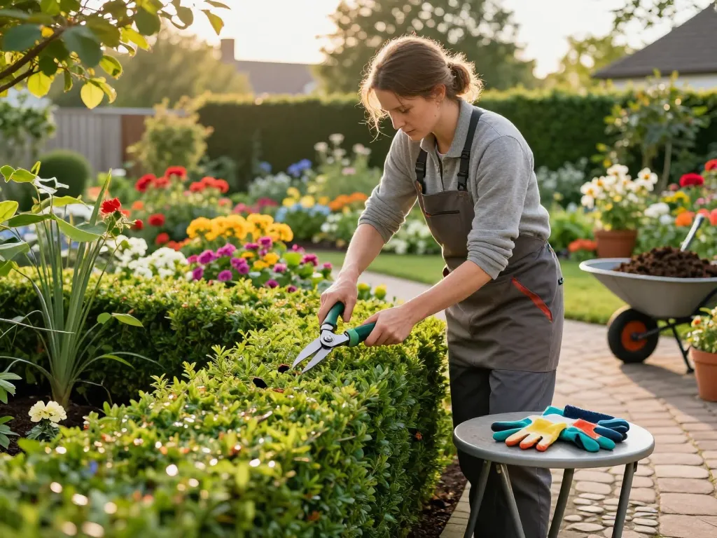 Gartenpflege in Münster, mit einem Gärtner, der Hecken schneidet, zwischen blühenden Blumenbeeten für einen lebendigen Außenbereich.