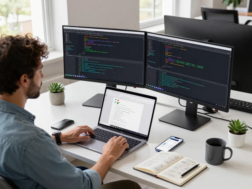 The workspace of a software developer using 谷歌浏览器 with multiple monitors and a modern atmosphere.