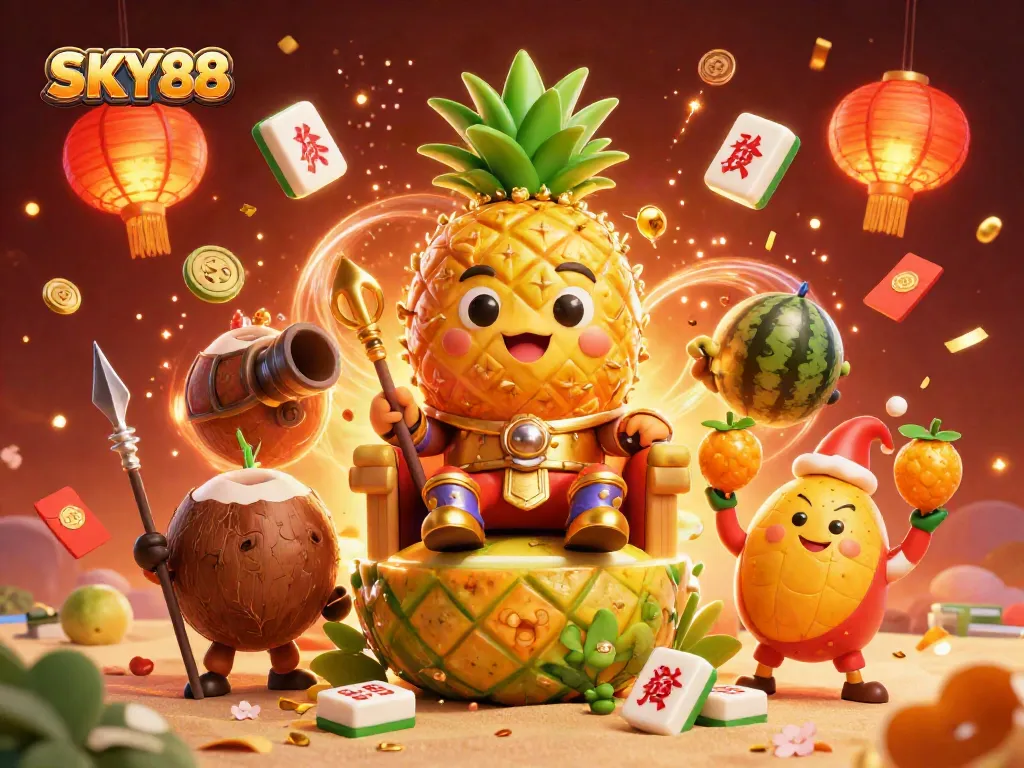 Experience thrilling action with SKY88 in a vibrant 3D casino scene featuring dynamic characters and festive elements.
