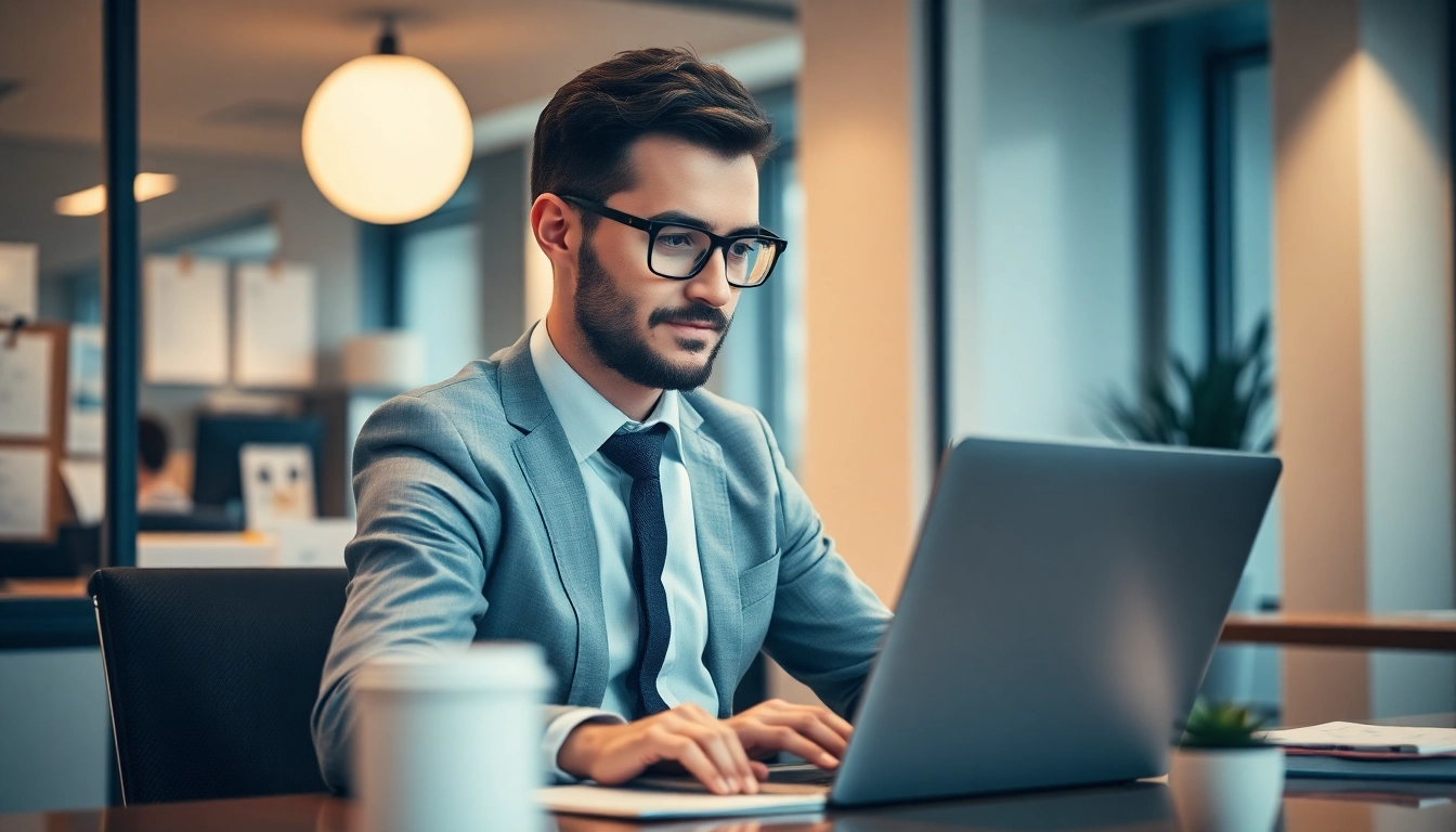 Headhunter, der konzentriert an einem Tisch mit Laptop und Akten arbeitet, um hochqualifizierte Kandidaten zu finden.