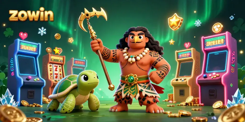 Experience excitement with Zowin in a vibrant casino scene featuring colorful slot machines and unique characters.