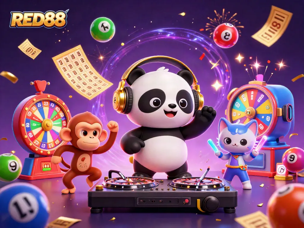 Experience thrilling gaming with RED88's vibrant 3D illustration showcasing a DJ panda, dancing monkey, and glowing kitten among casino elements.