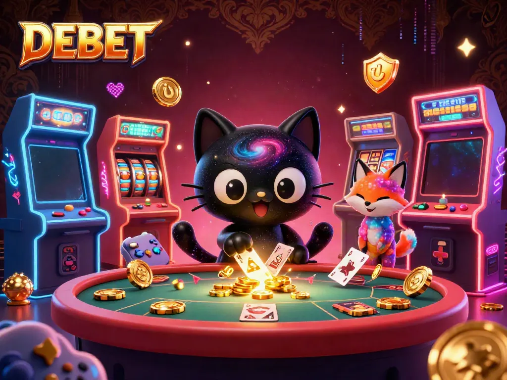 Experience DEBET with a captivating cosmic casino scene featuring a black hole cat and nebula fox.