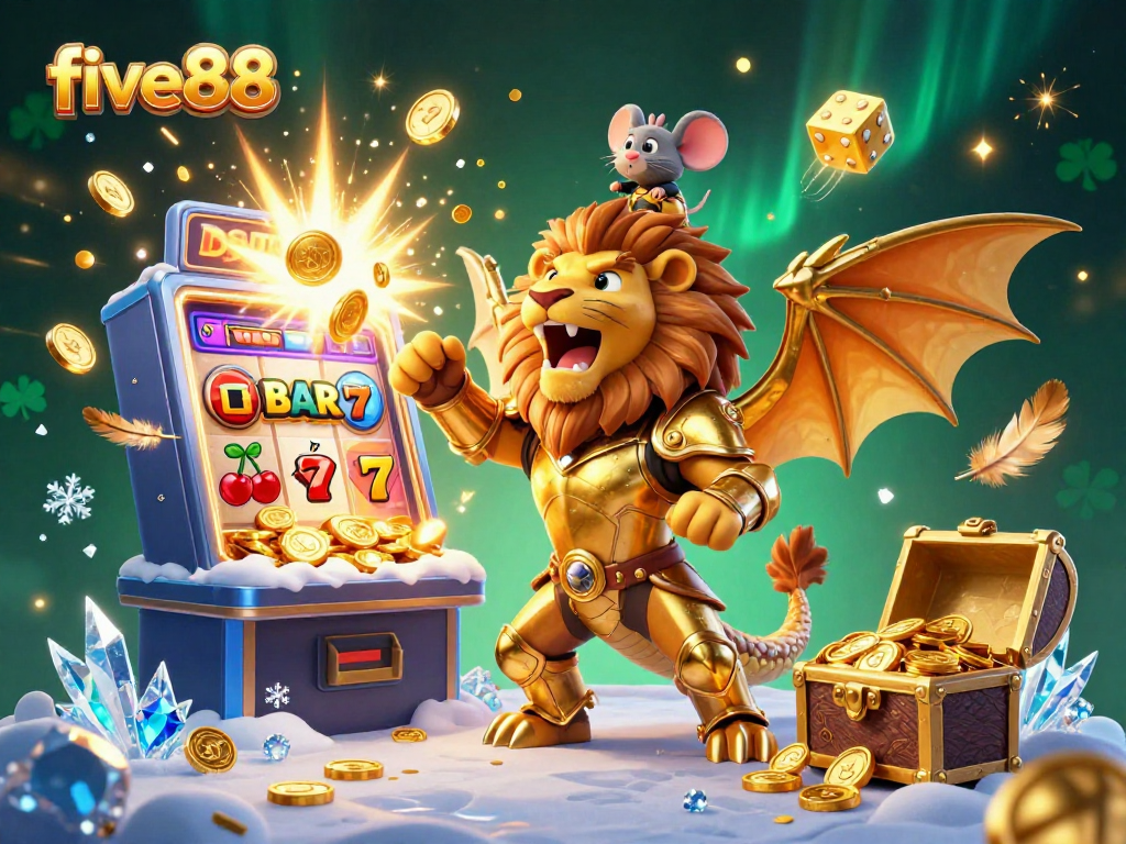 Experience the thrill of five88 with this dazzling illustration featuring a triumphant chimera and casino elements.