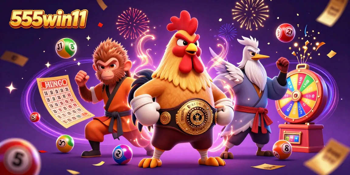 Join the excitement at 555win11 with vibrant lottery elements and dynamic casino characters.