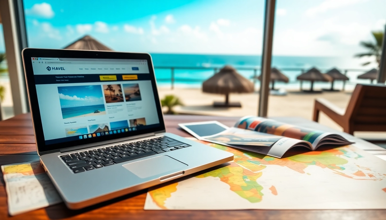 Reisen online vergleichen auf einem Laptop mit Reiseführern und schöner Kulisse.