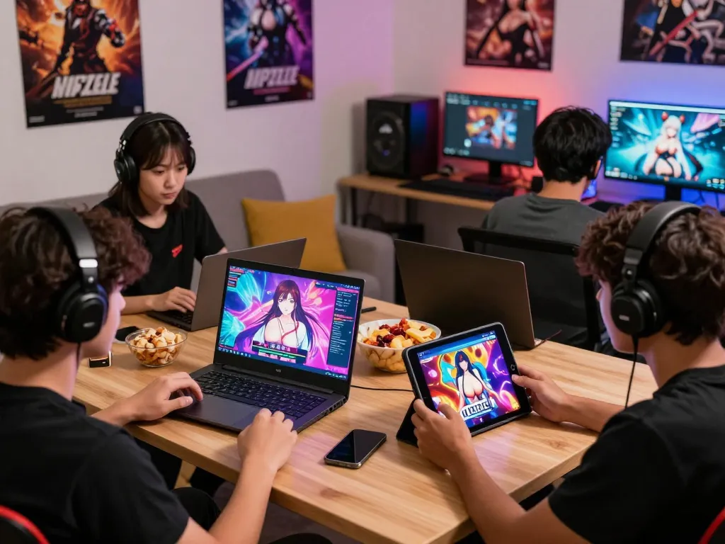 Players enjoying a porn game online in a cozy gaming room with interactive screens.