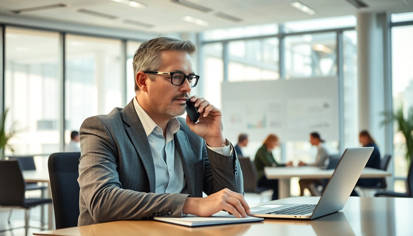 Headhunter Ingenieure am Telefon in einem modernen Büro mit Ingenieuren im Hintergrund, die eine Projektbesprechung abhalten.
