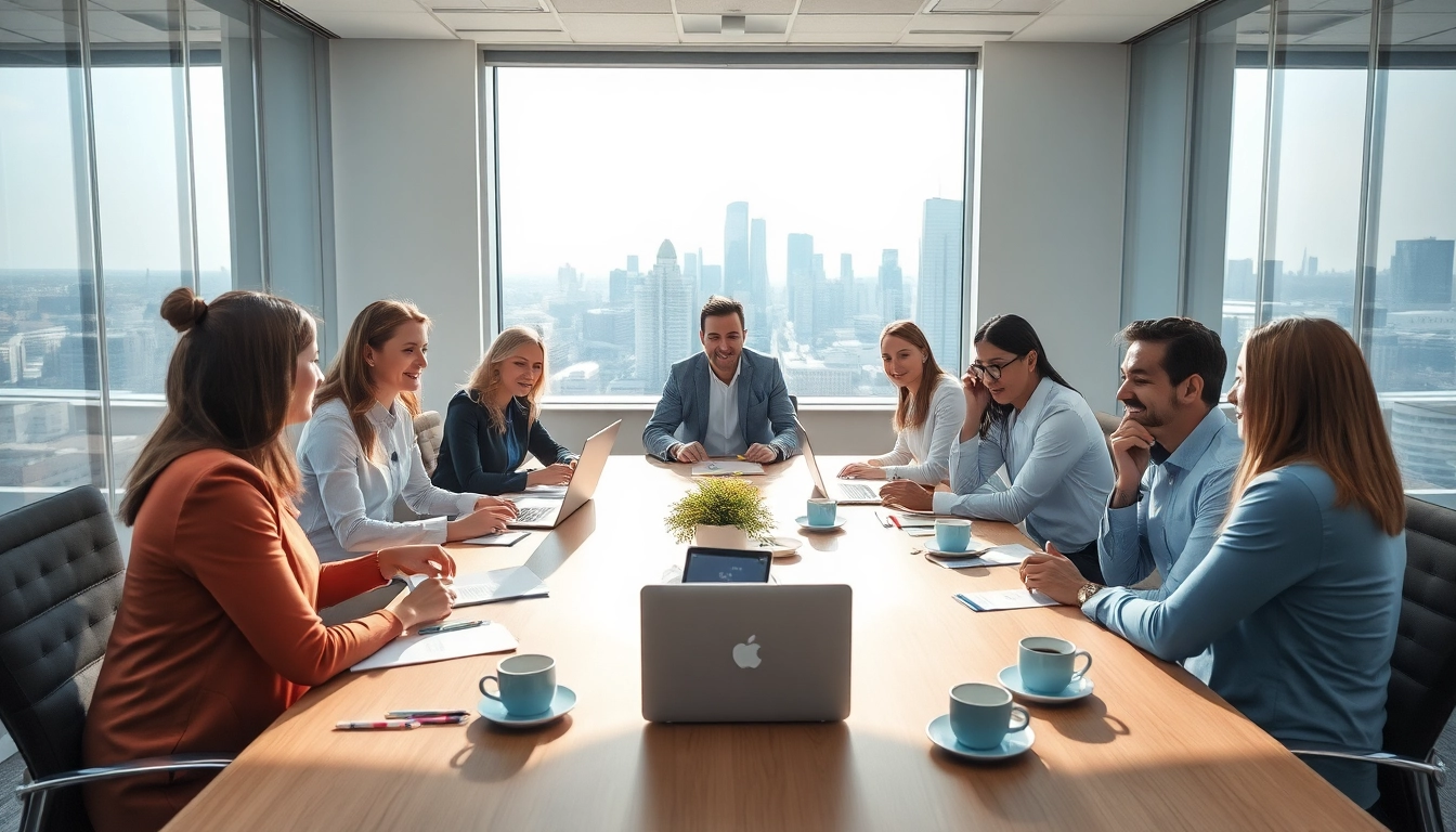 Ein engagiertes Team von Headhunter Frankfurt bei der Zusammenarbeit in einem modernen Büro.