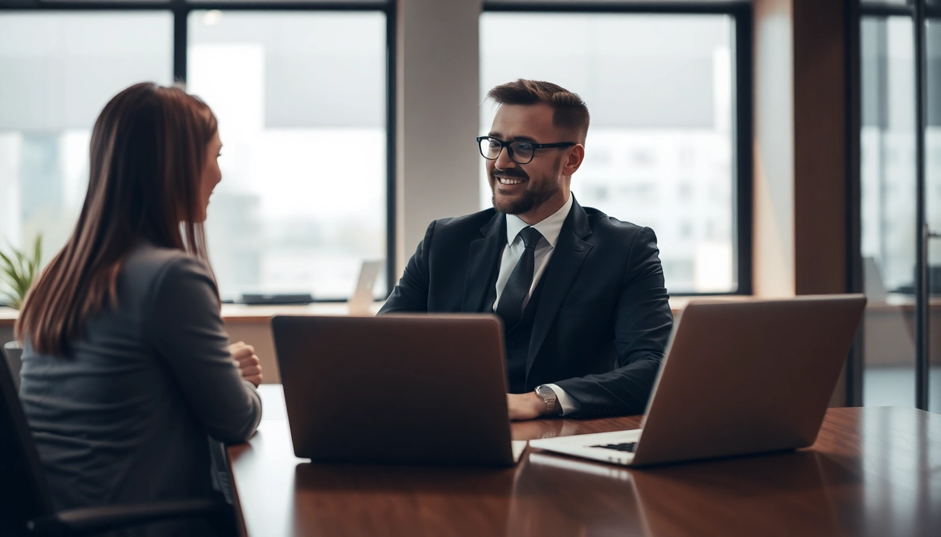Headhunter im Gespräch mit einem Bewerber in einem modernen Büro.