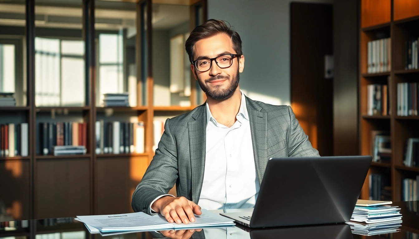 Headhunter CEO berät am Tisch mit Bewerbungsunterlagen im Büro.