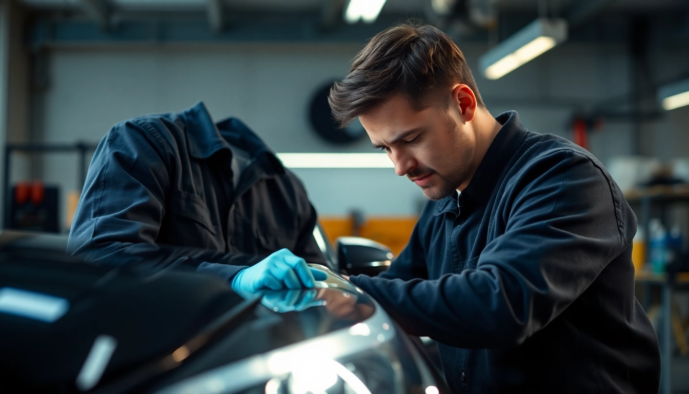 Lackschaden Reparatur München: Mechaniker bei der professionellen Lackreparatur an einem Fahrzeug, um einen perfekten Farbabschluss zu erzielen.