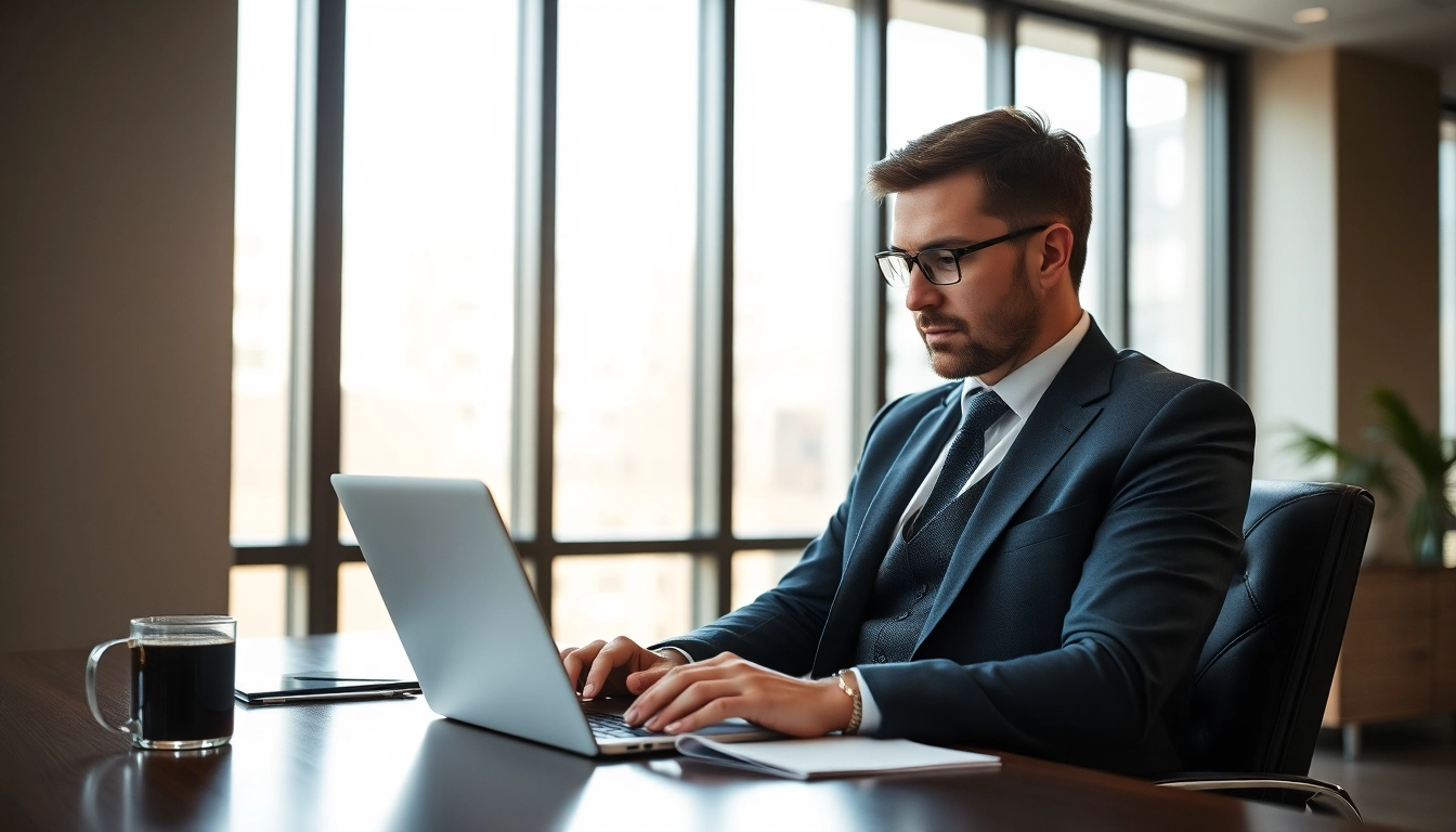 Headhunter bei der Arbeit in einem eleganten Büro, konzentriert auf seinen Laptop.