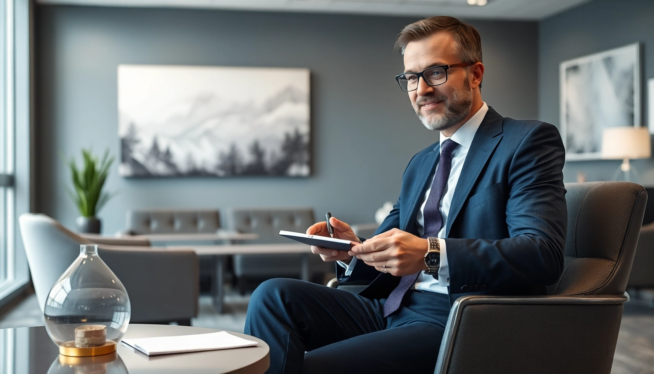 Ein Headhunter Saarbrücken berät einen Klienten im modernen Büro mit eleganter Ausstattung.