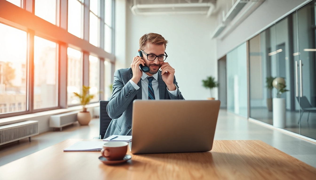 Headhunter IT berät Kunden am modernen Büroschreibtisch mit Laptop.