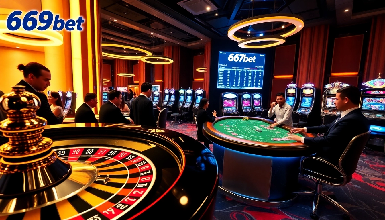 Players enjoying a thrilling moment at 667bet casino with roulette and blackjack tables.