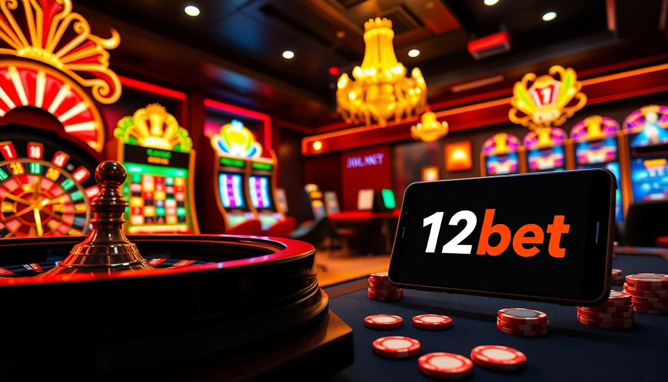 Experience the thrill of link 12bet with a captivating online casino scene showcasing poker chips, roulette, and vibrant slot machines.