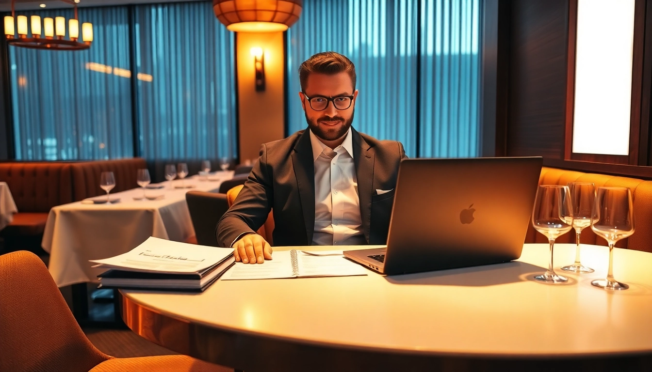 Headhunter Gastronomie analysiert Bewerbungsunterlagen in einem eleganten Restaurant.