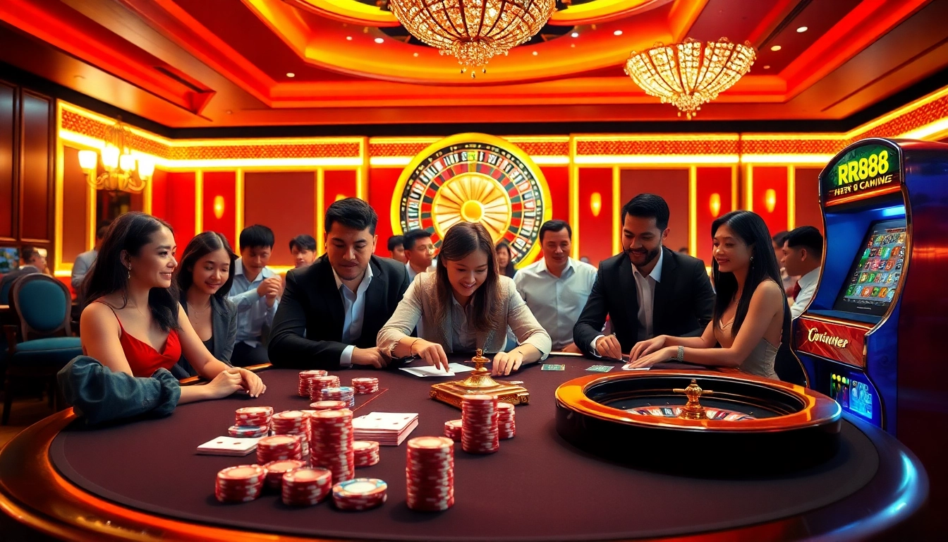 Players enjoying a thrilling game at RR88, with vibrant casino elements showcasing luxury gaming.
