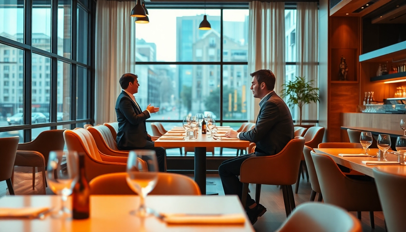 Headhunter Gastronomie führt ein Gespräch in einem stilvollen Büro mit eleganter Tischanordnung und warmem Licht.