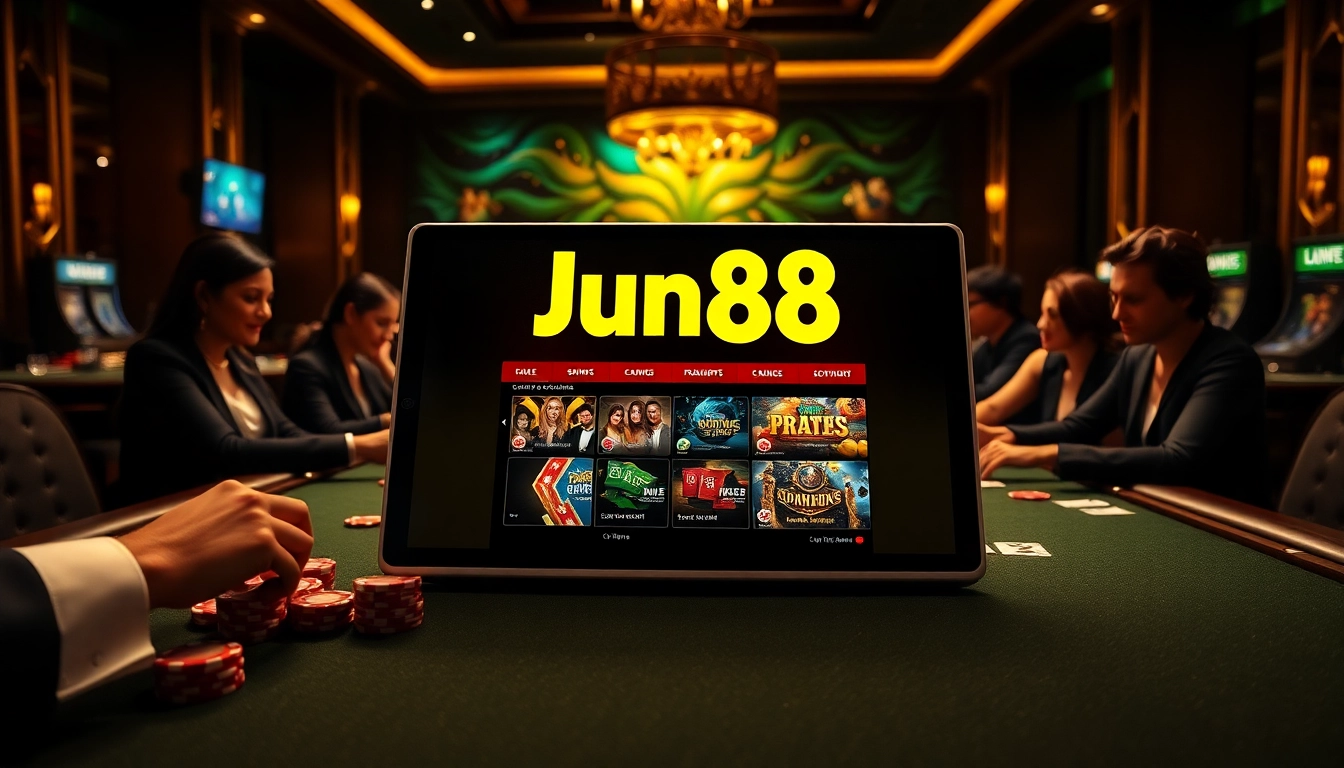 Engaged players enjoying a thrilling Jun88 casino experience with vibrant poker chips and elegant tables.